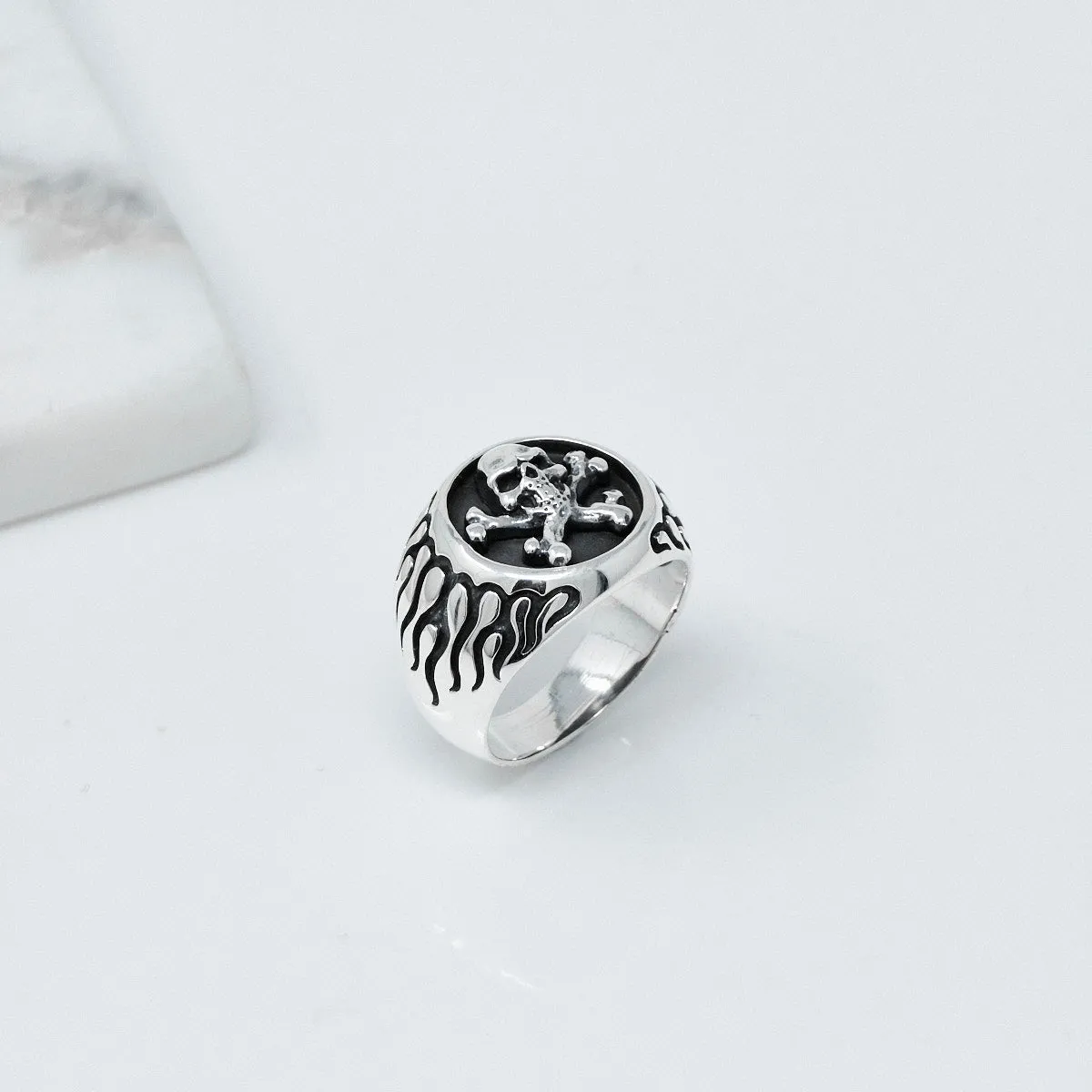 Chunky Skull and Cross Bones Silver Ring for Men, Biker Silver Ring