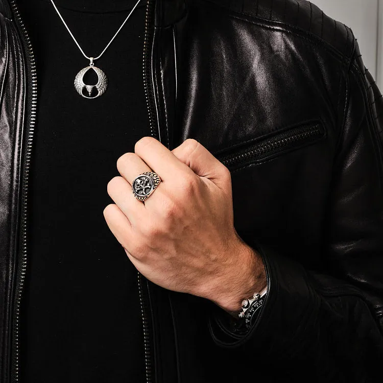 Chunky Skull and Cross Bones Silver Ring for Men, Biker Silver Ring
