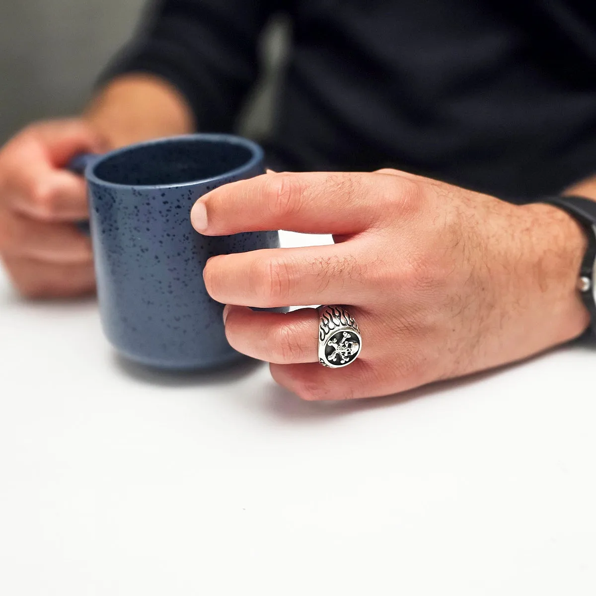 Chunky Skull and Cross Bones Silver Ring for Men, Biker Silver Ring