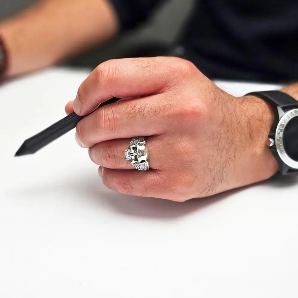 Chunky Skull Silver Ring for Men, Biker Ring Solid 925 Silver