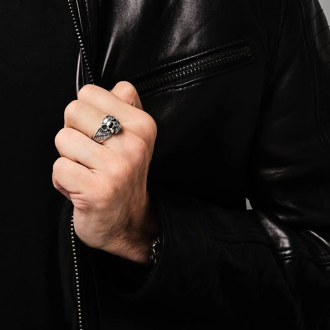 Chunky Skull Silver Ring for Men, Biker Ring Solid 925 Silver