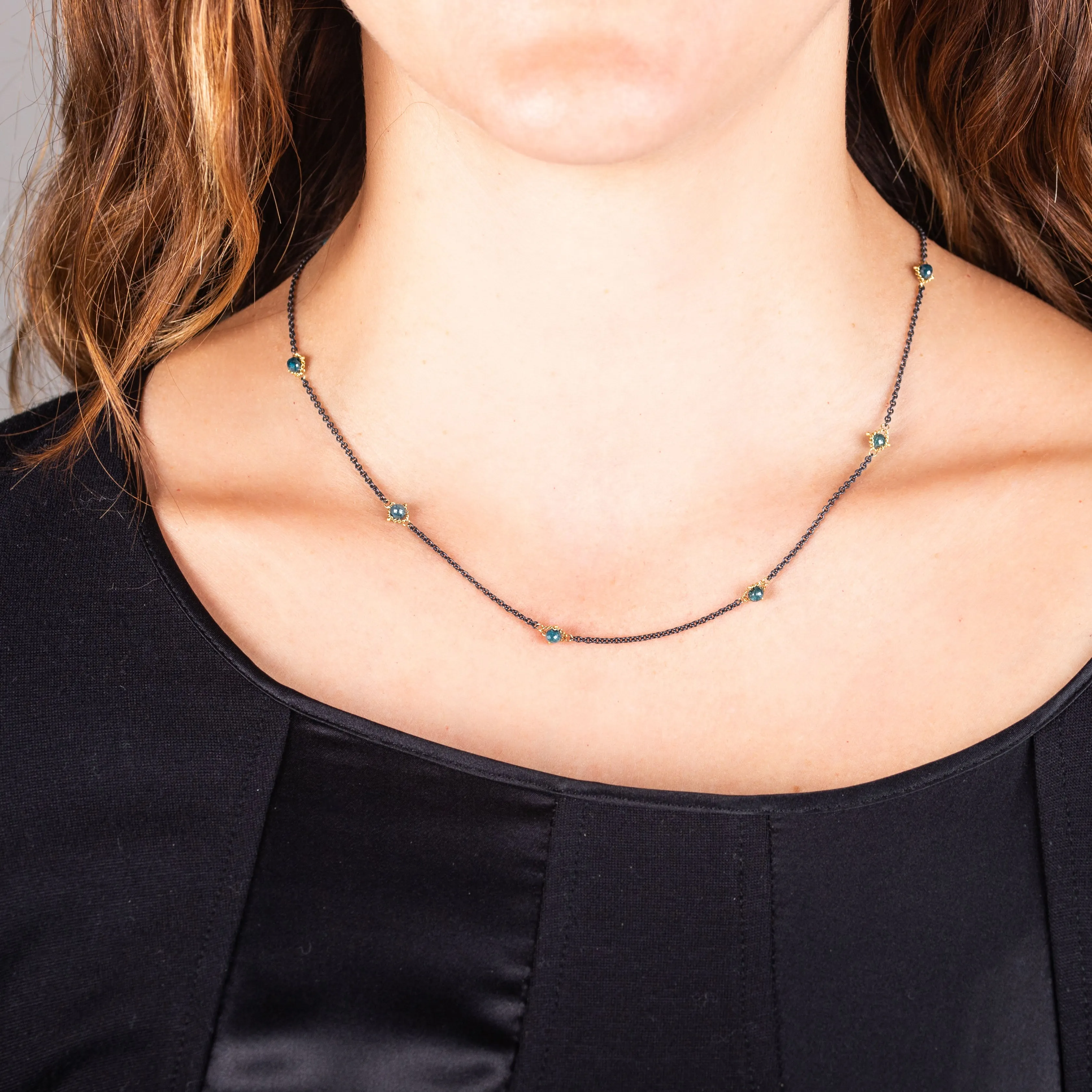 Contrast Textile Station Necklace in Blue Diamond