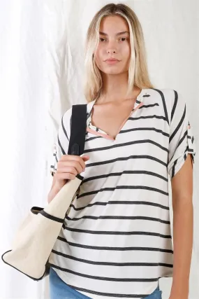 Cream & Grey Striped V-Neck With Vegan Leather Detail Short Roll Up Sleeve Relaxed Fit Top /3-1-2