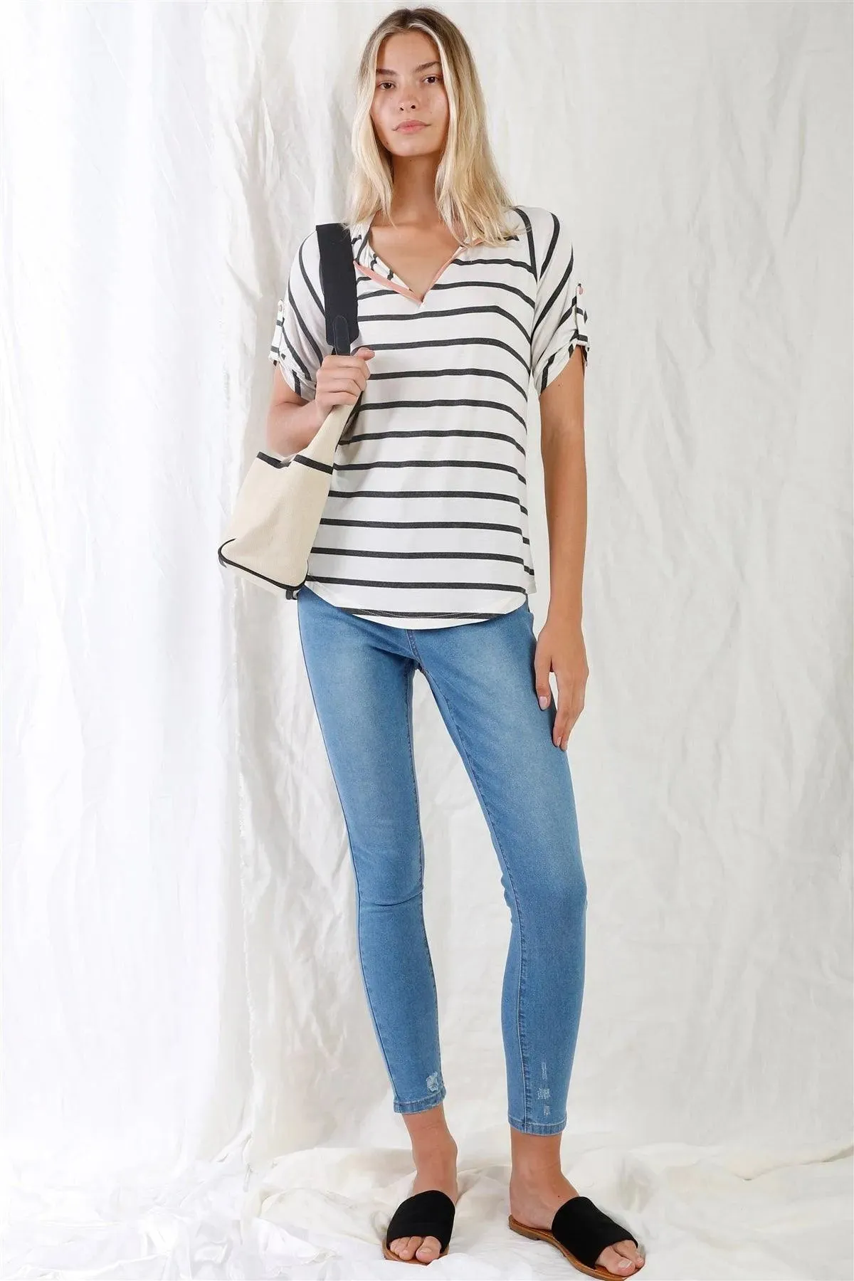 Cream & Grey Striped V-Neck With Vegan Leather Detail Short Roll Up Sleeve Relaxed Fit Top /3-1-2