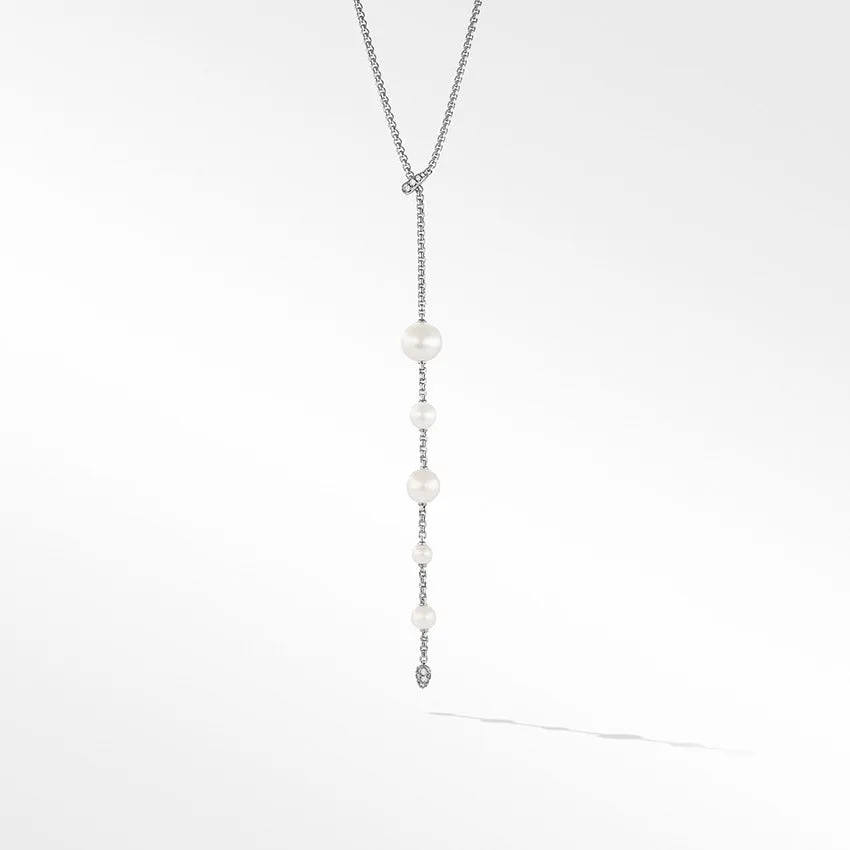 David Yurman Pearl and Pavé Y Necklace in Sterling Silver with Diamonds