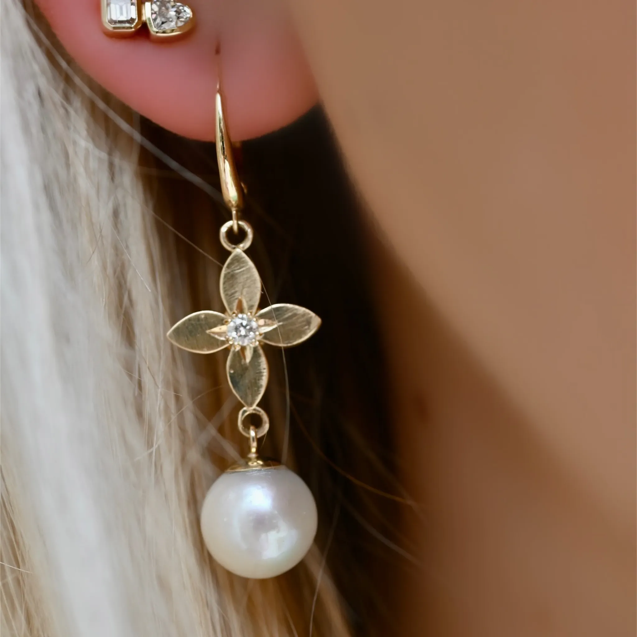 Diamond Sarah Lily and Pearl Earrings