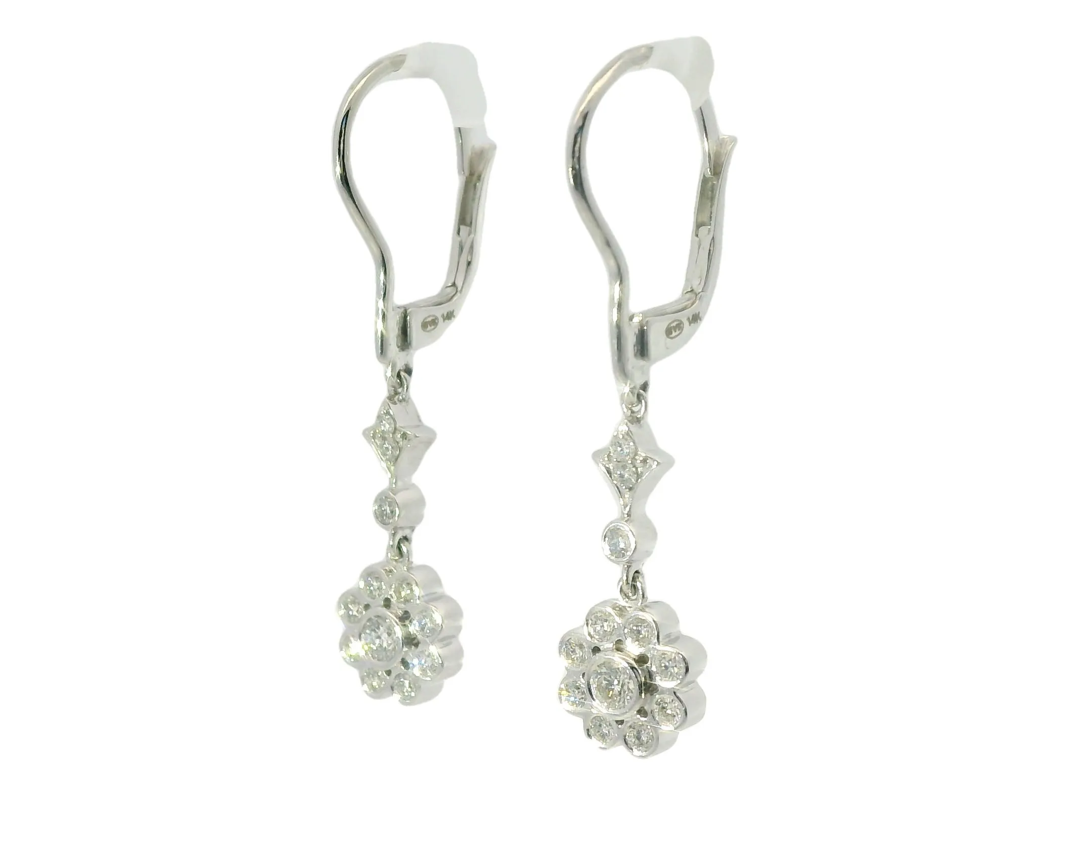 Elegant Estate 14K White Gold Floral Flower Diamond Drop Dangle Earrings