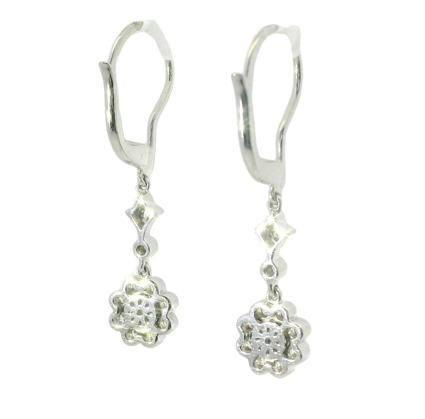 Elegant Estate 14K White Gold Floral Flower Diamond Drop Dangle Earrings