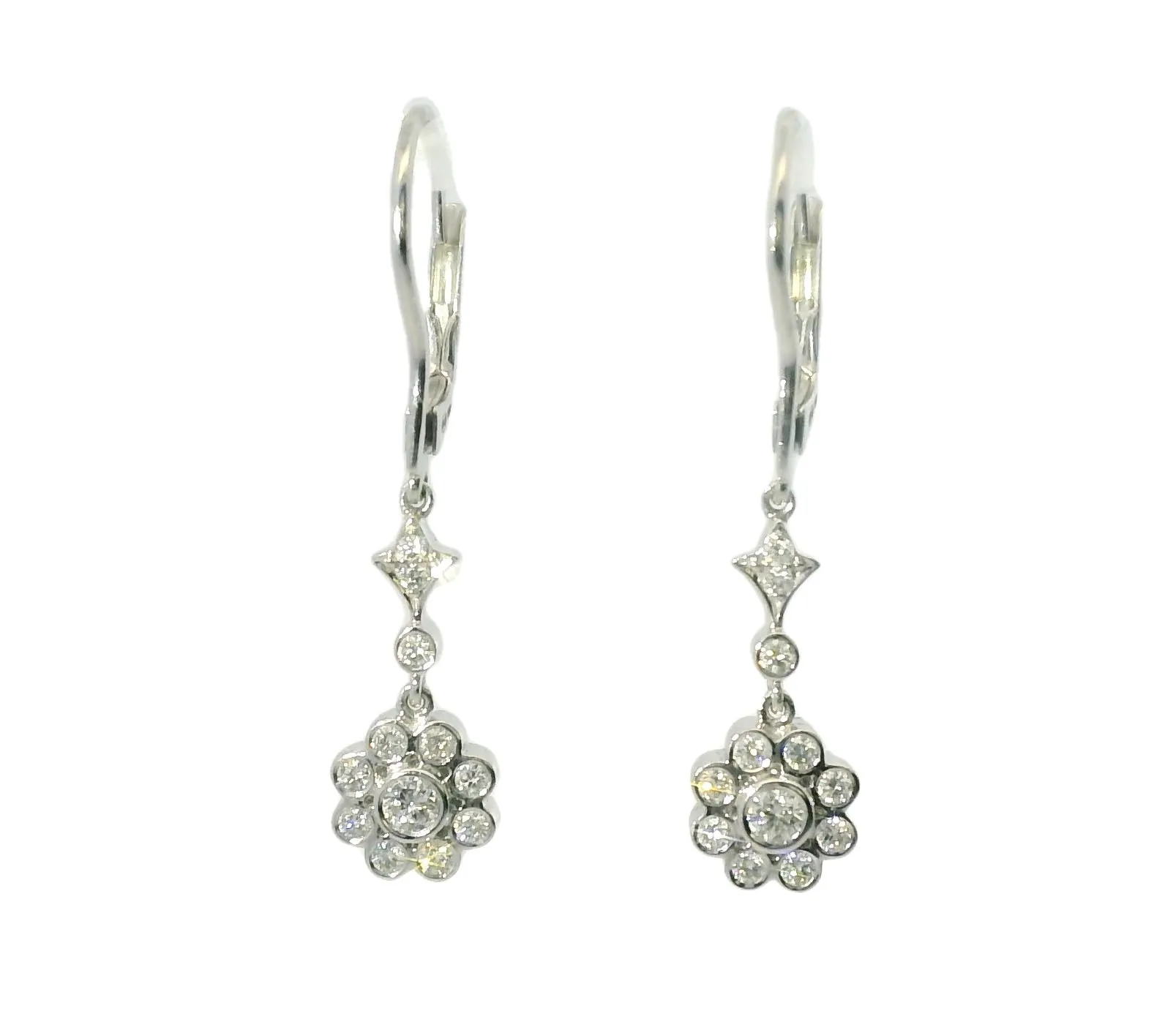 Elegant Estate 14K White Gold Floral Flower Diamond Drop Dangle Earrings