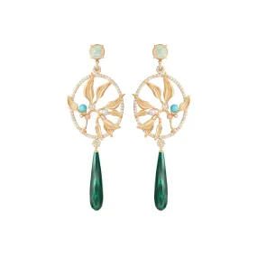 Exclusive Dream Catcher 18K Gold Earrings w. Diamonds, Moonstone, Pearl, Opal, Turquoise & Malachite