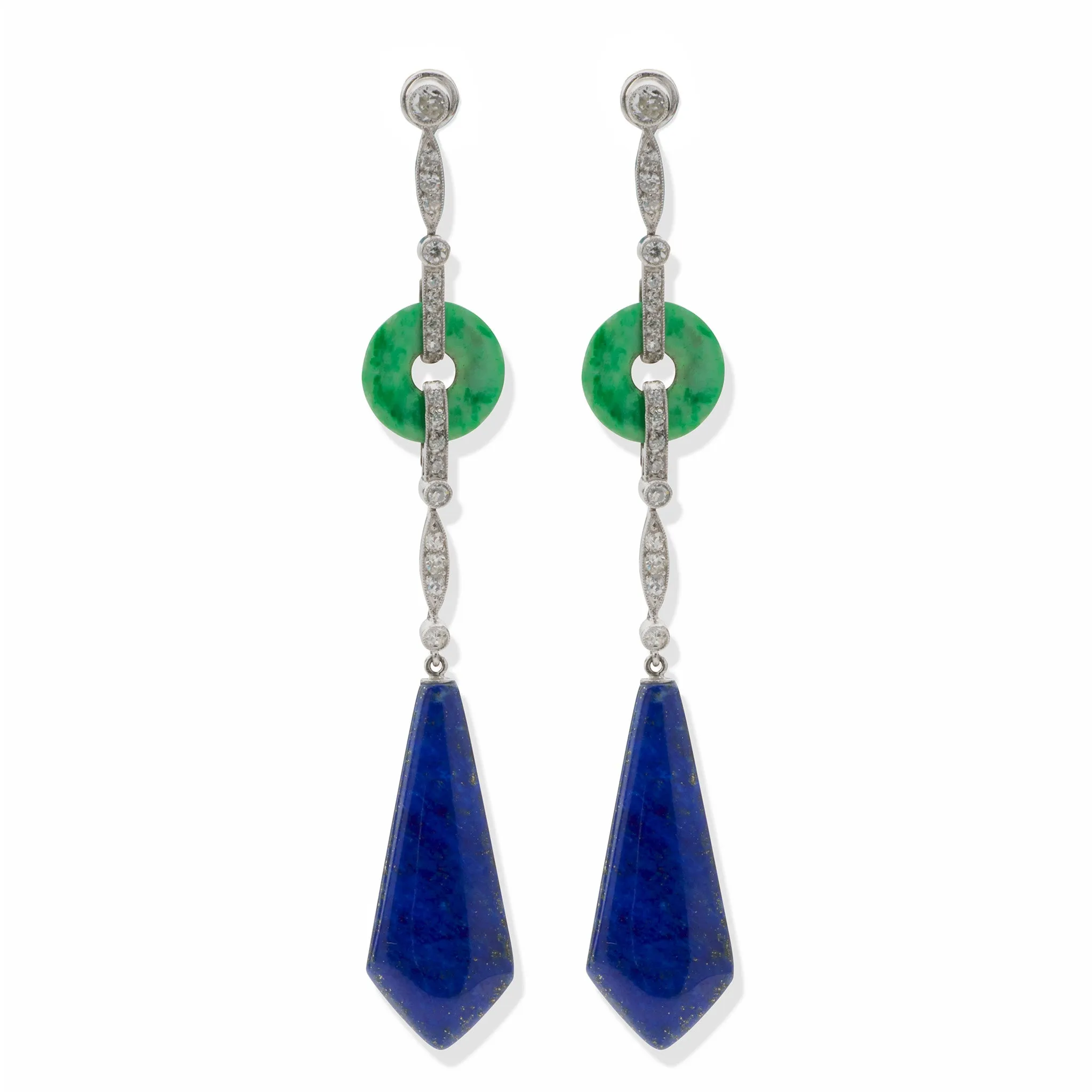 French Art Deco Lapis, Jadeite and Diamond Pendant Earrings
