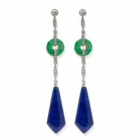 French Art Deco Lapis, Jadeite and Diamond Pendant Earrings