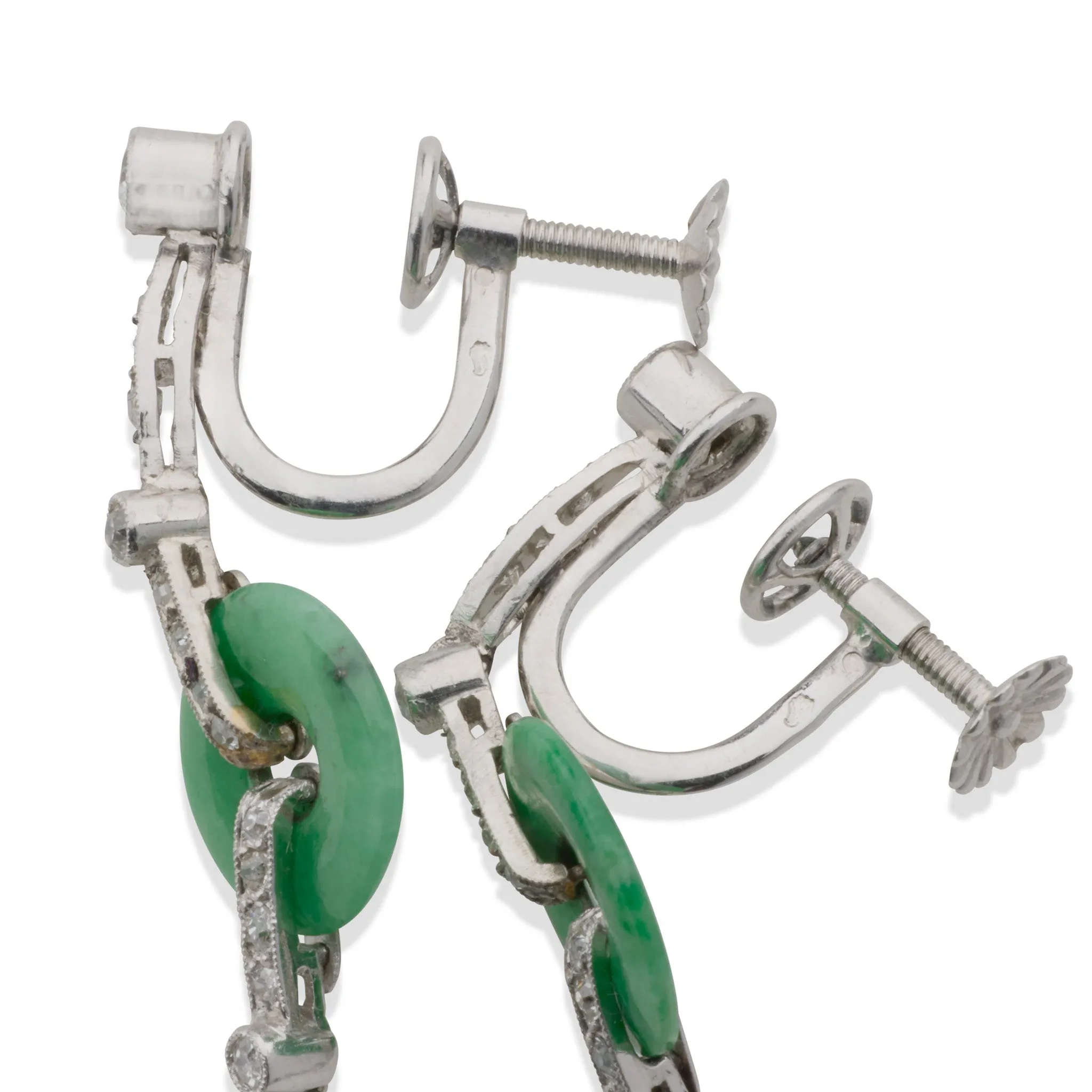 French Art Deco Lapis, Jadeite and Diamond Pendant Earrings