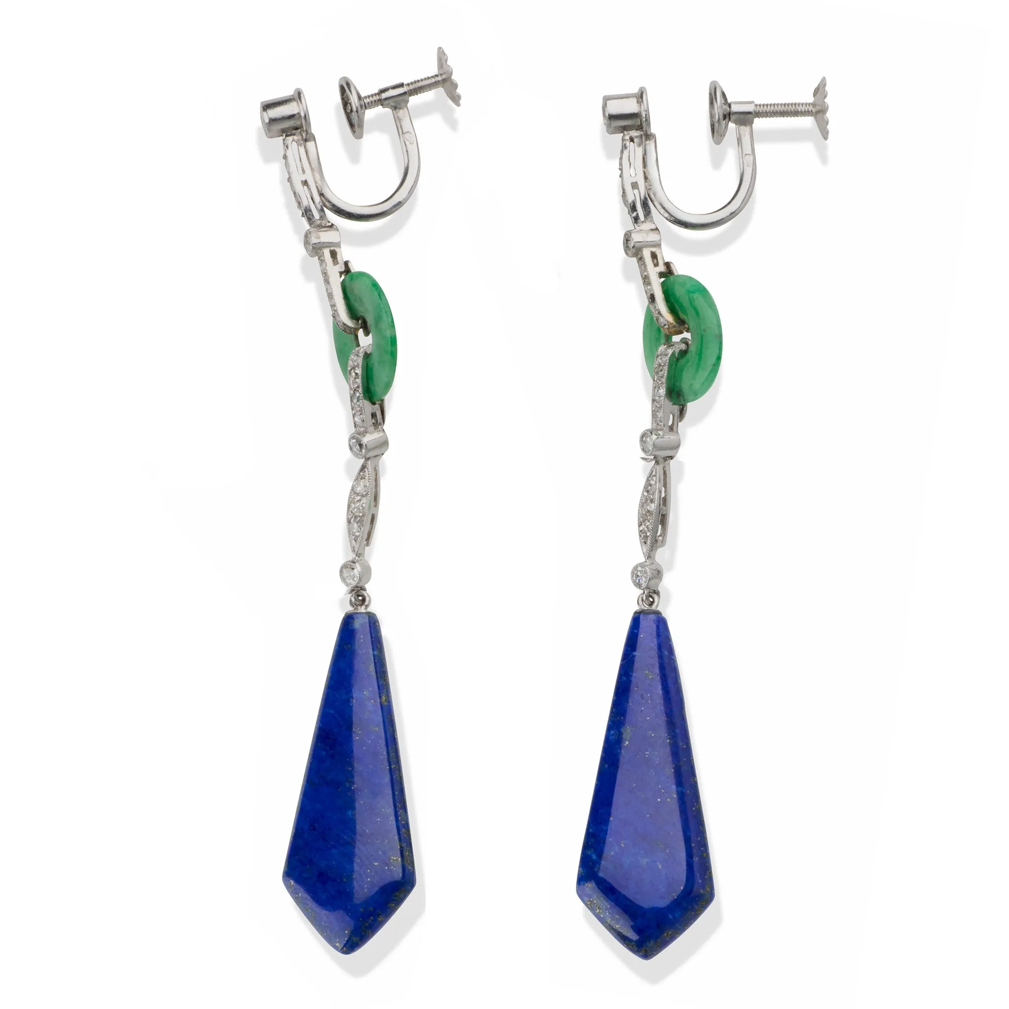 French Art Deco Lapis, Jadeite and Diamond Pendant Earrings
