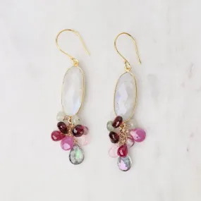Gold Bezel Oval Moonstone & Pink Sapphire Earrings