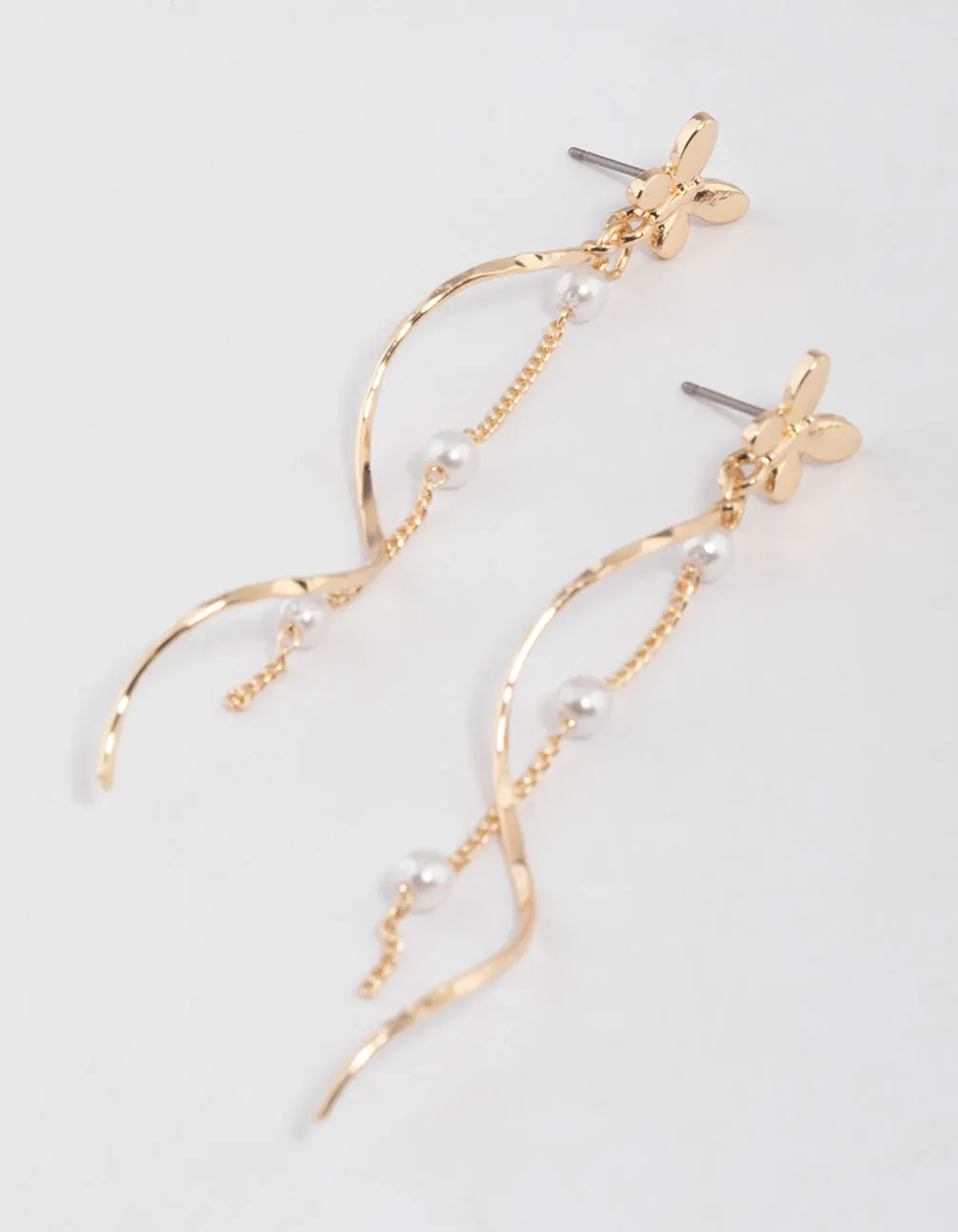 Gold Butterfly Pearl Twisted Drop Earrings