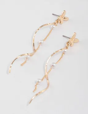 Gold Butterfly Pearl Twisted Drop Earrings