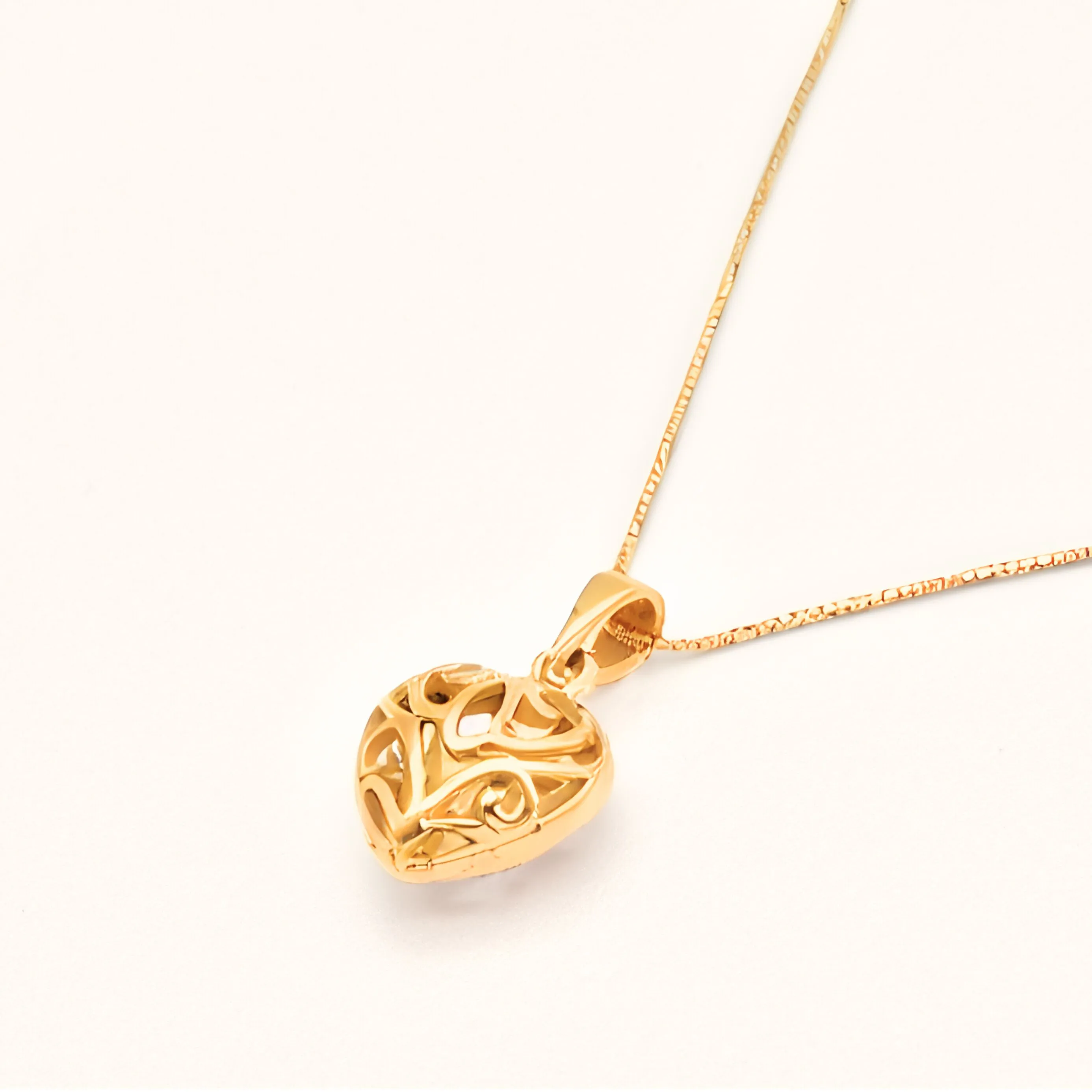Gold Heart Pendant - Puffed Heart Necklace - Filigree Heart Necklace