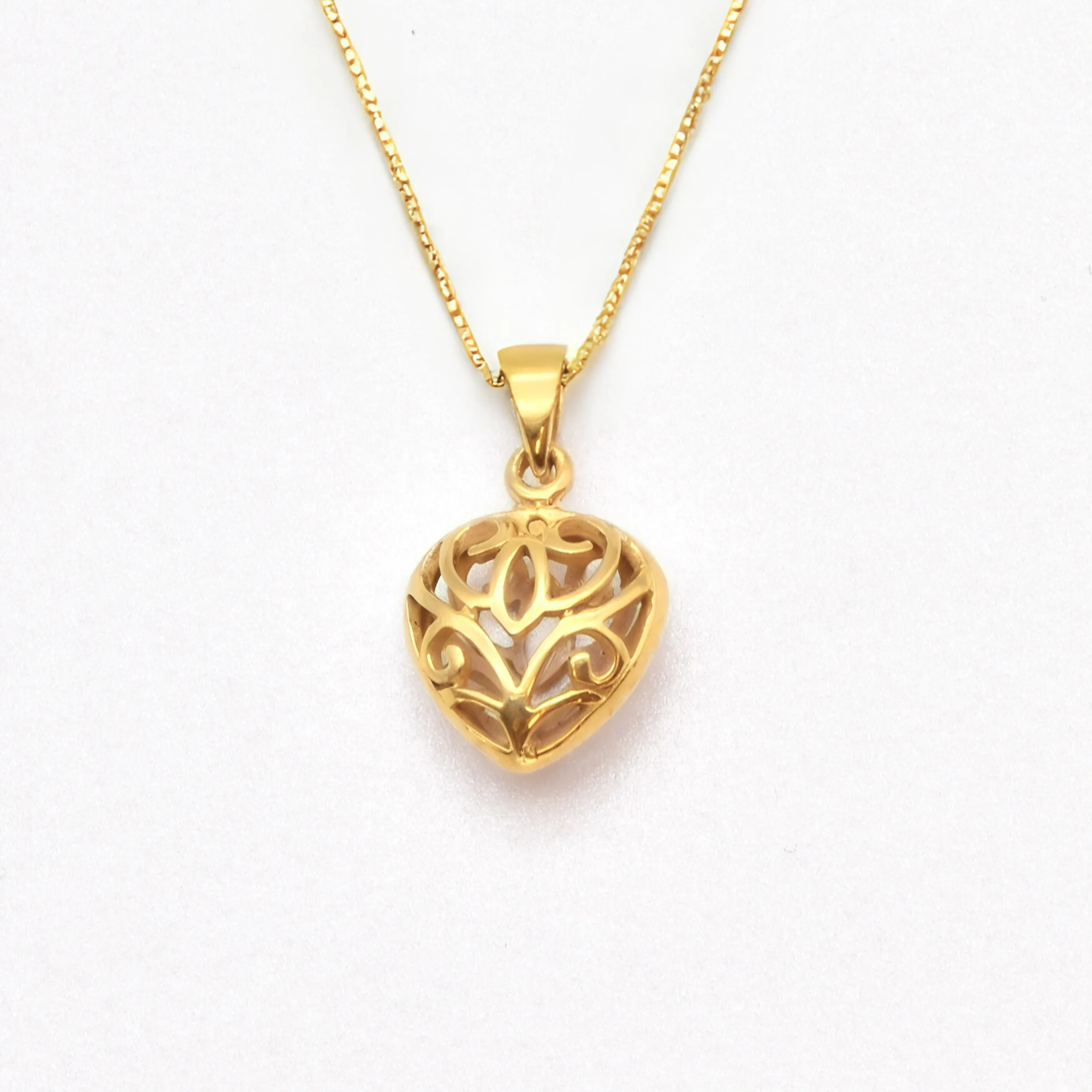 Gold Heart Pendant - Puffed Heart Necklace - Filigree Heart Necklace