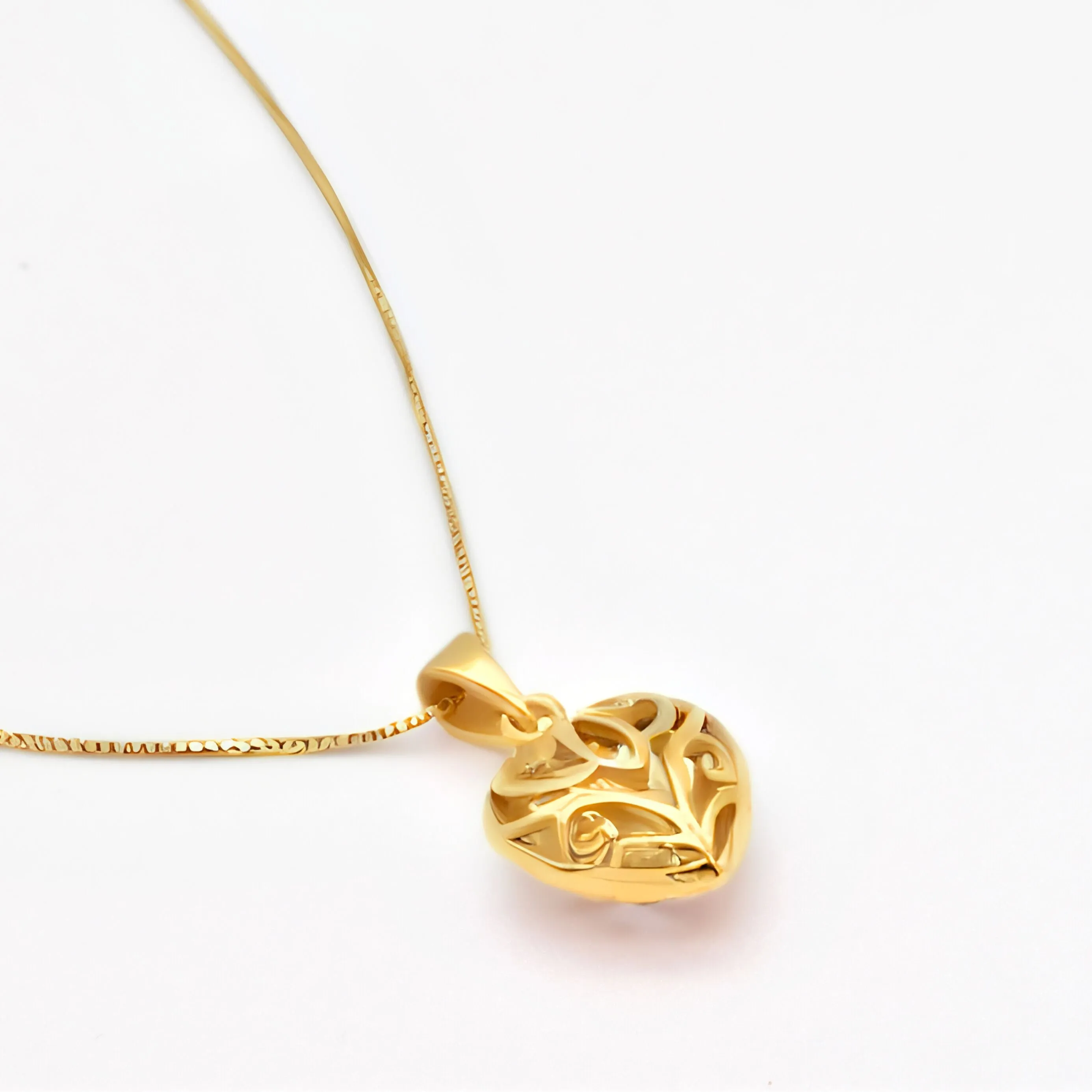 Gold Heart Pendant - Puffed Heart Necklace - Filigree Heart Necklace