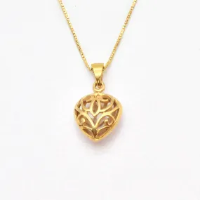 Gold Heart Pendant - Puffed Heart Necklace - Filigree Heart Necklace