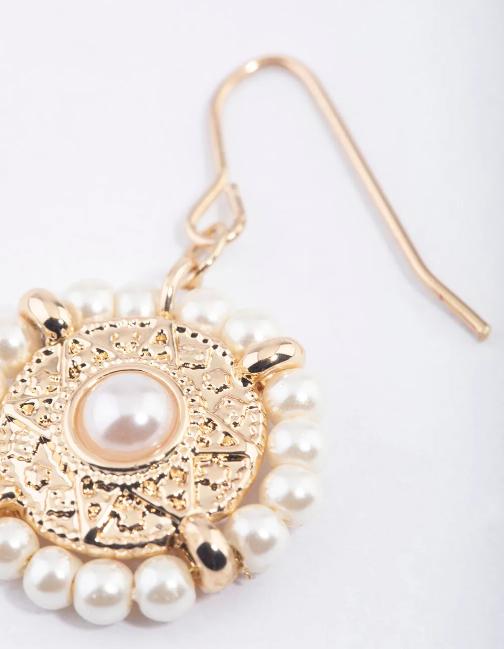 Gold Stamp Halo Pearl Drop Earrings