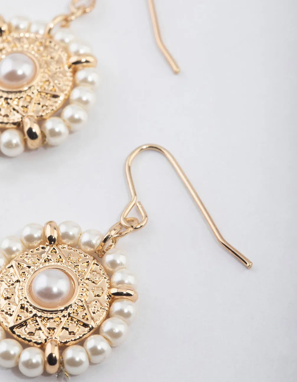 Gold Stamp Halo Pearl Drop Earrings