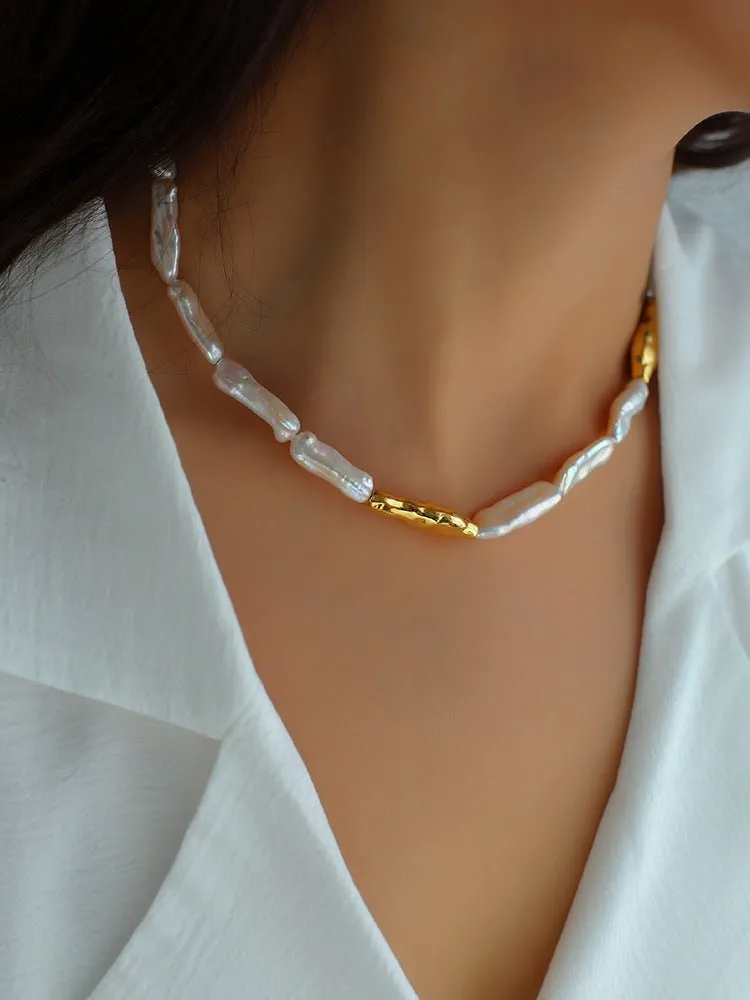 Golden Harmony Baroque Pearl Chain Collar Necklace