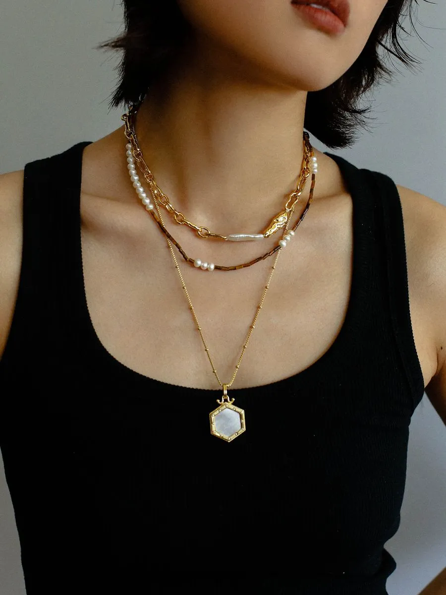 Golden Harmony Baroque Pearl Chain Collar Necklace