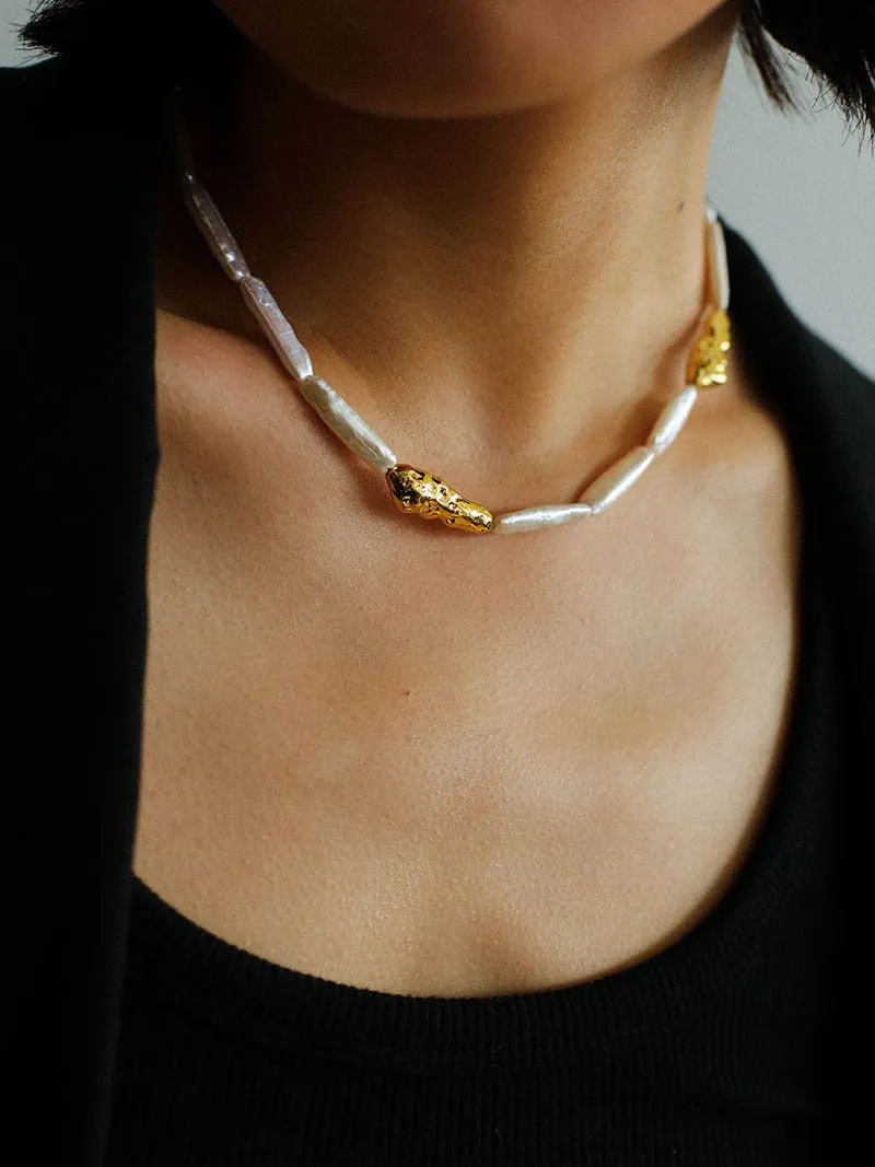 Golden Harmony Baroque Pearl Chain Collar Necklace