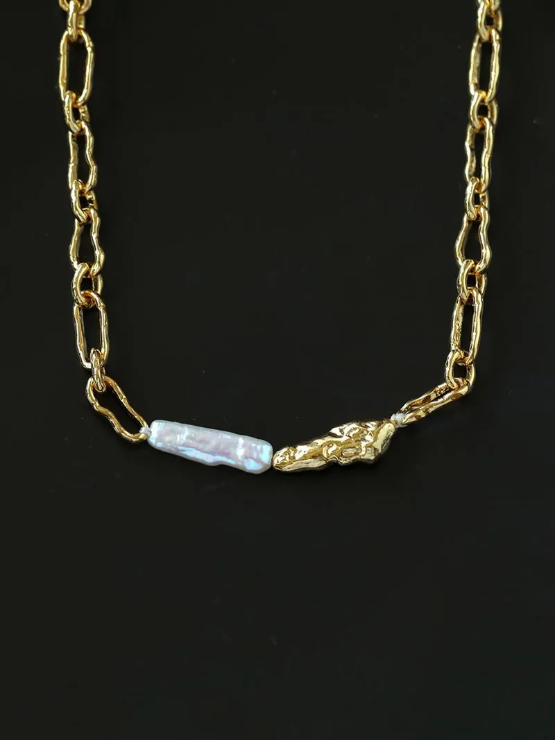 Golden Harmony Baroque Pearl Chain Collar Necklace