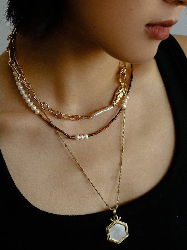 Golden Harmony Baroque Pearl Chain Collar Necklace