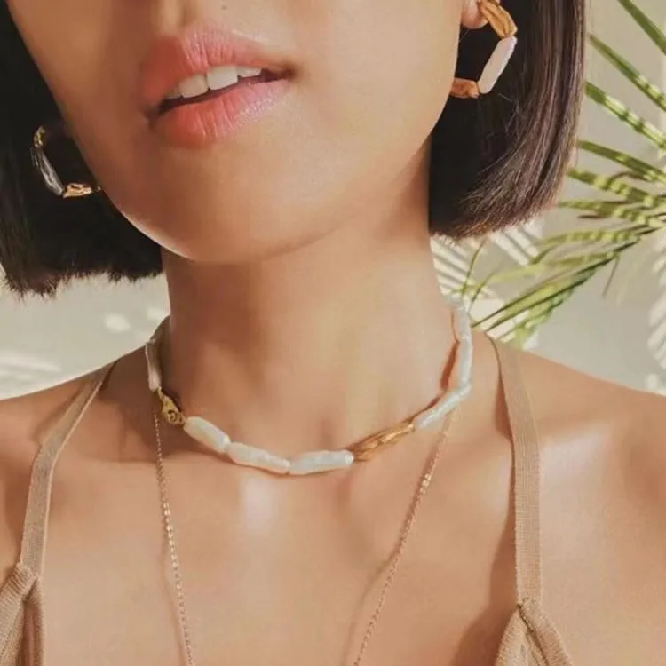 Golden Harmony Baroque Pearl Chain Collar Necklace
