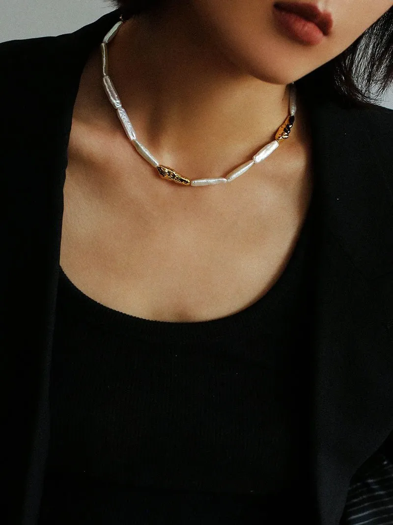 Golden Harmony Baroque Pearl Chain Collar Necklace