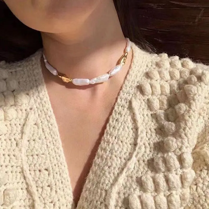 Golden Harmony Baroque Pearl Chain Collar Necklace