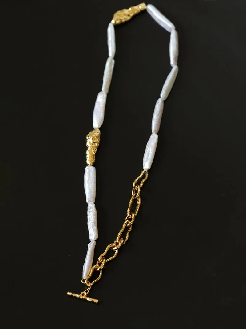 Golden Harmony Baroque Pearl Chain Collar Necklace