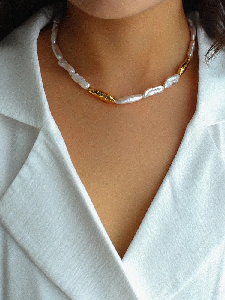 Golden Harmony Baroque Pearl Chain Collar Necklace