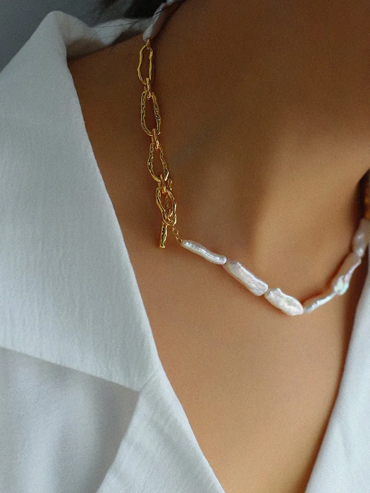 Golden Harmony Baroque Pearl Chain Collar Necklace
