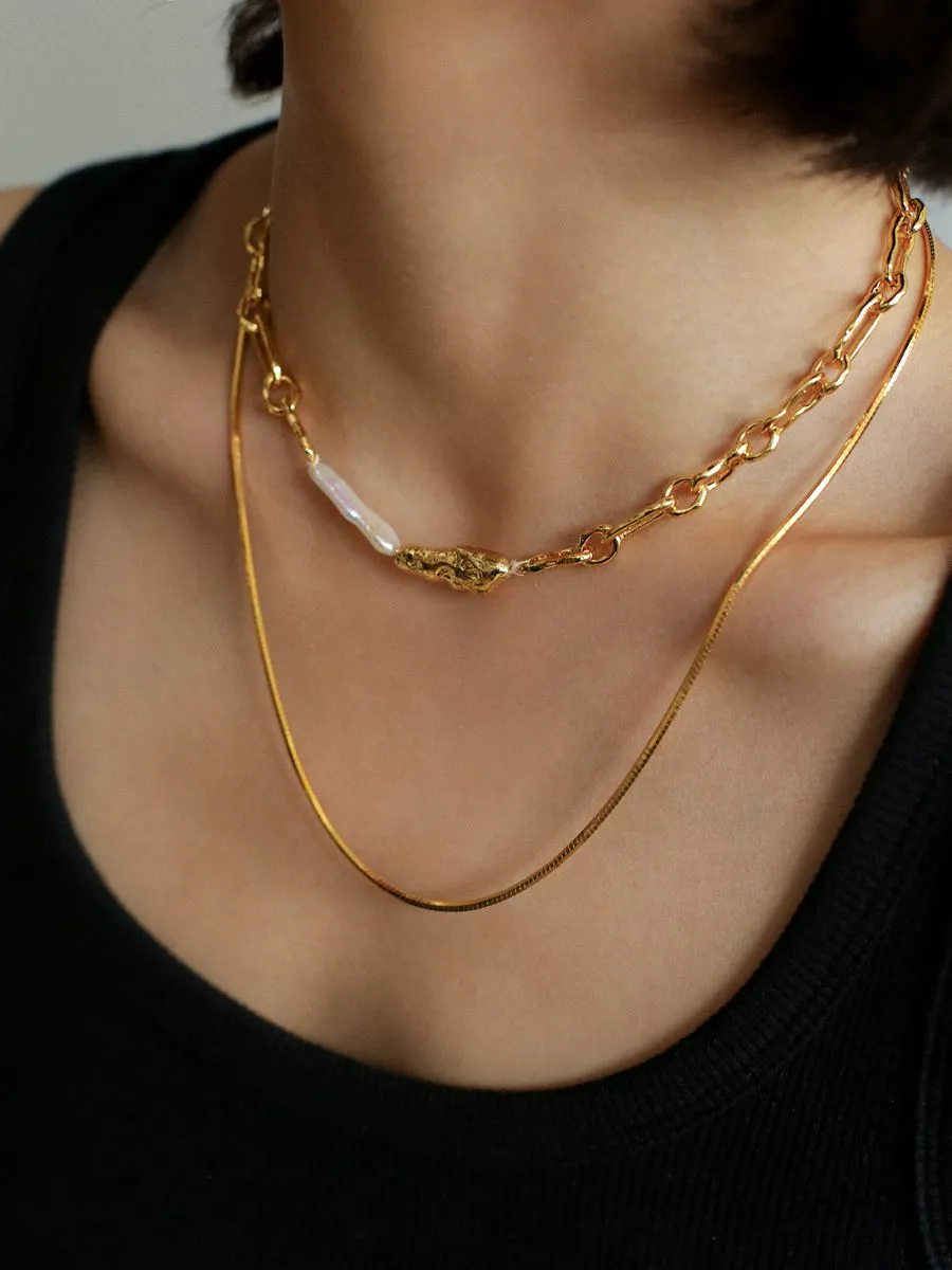 Golden Harmony Baroque Pearl Chain Collar Necklace