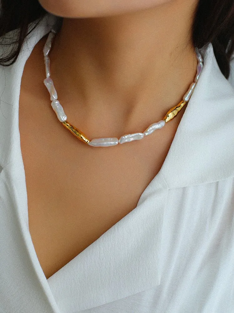Golden Harmony Baroque Pearl Chain Collar Necklace