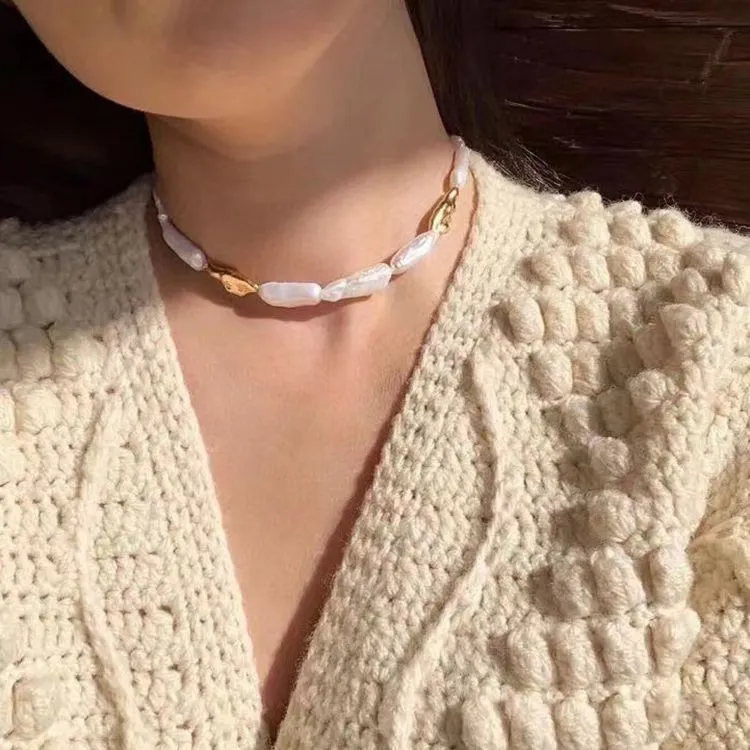 Golden Harmony Baroque Pearl Chain Collar Necklace