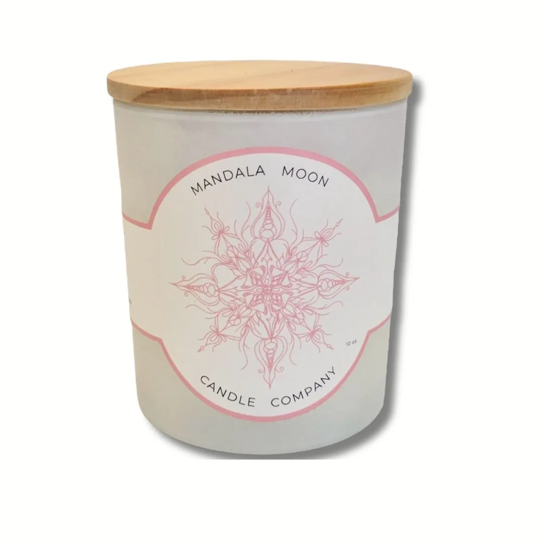 Grace On Point Hand Drawn Mandala Moon Candle with Rose Quartz Crystals