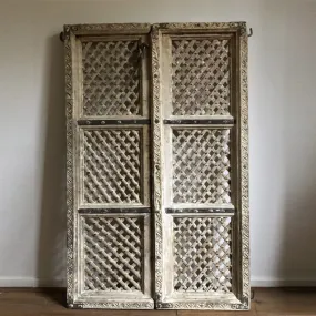 Hand Carved Indian Solid Wood Jali Doors Set White 138cm