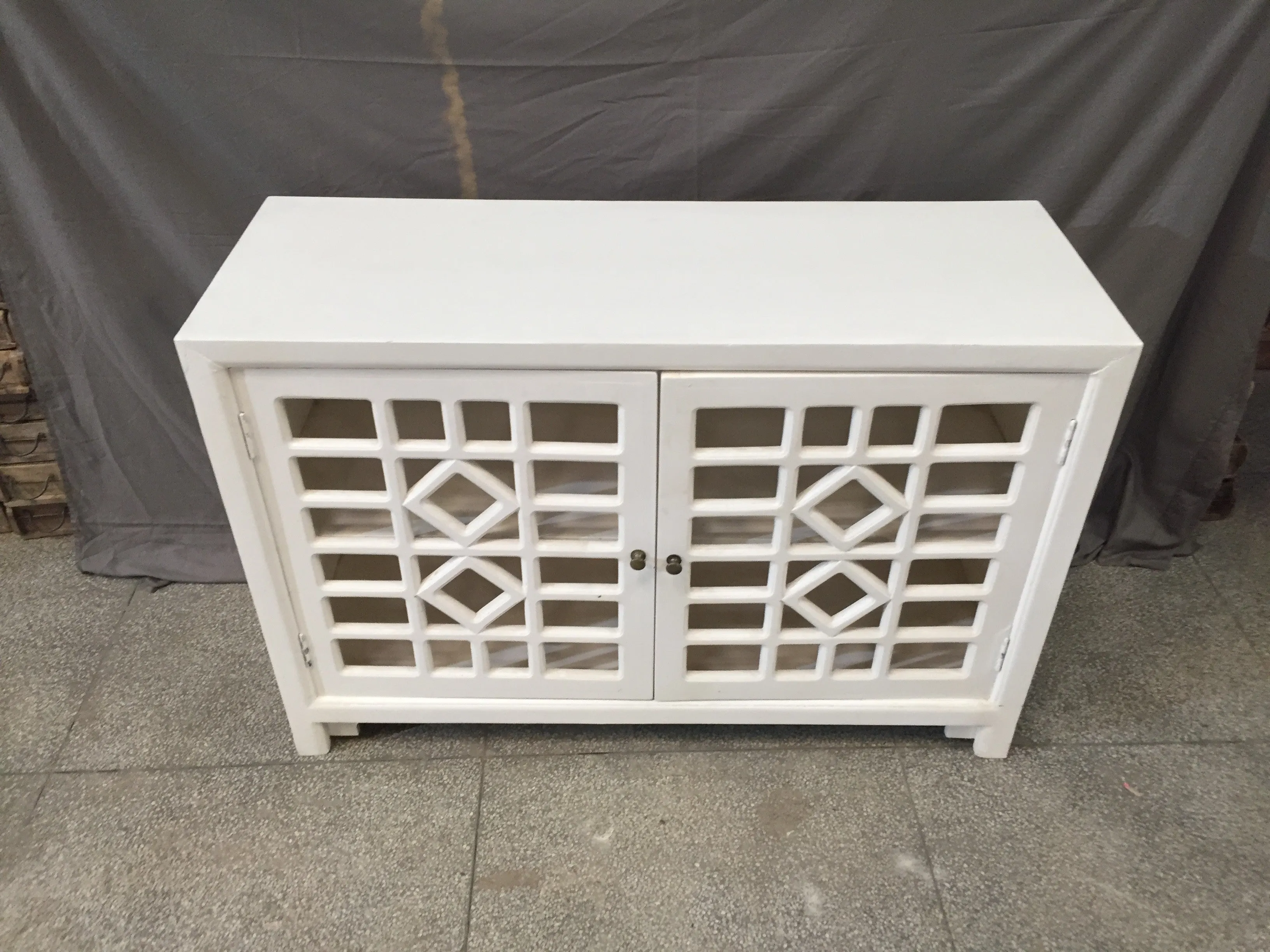 Hand Carved Indian Solid Wood Sideboard Jali Cabinet White