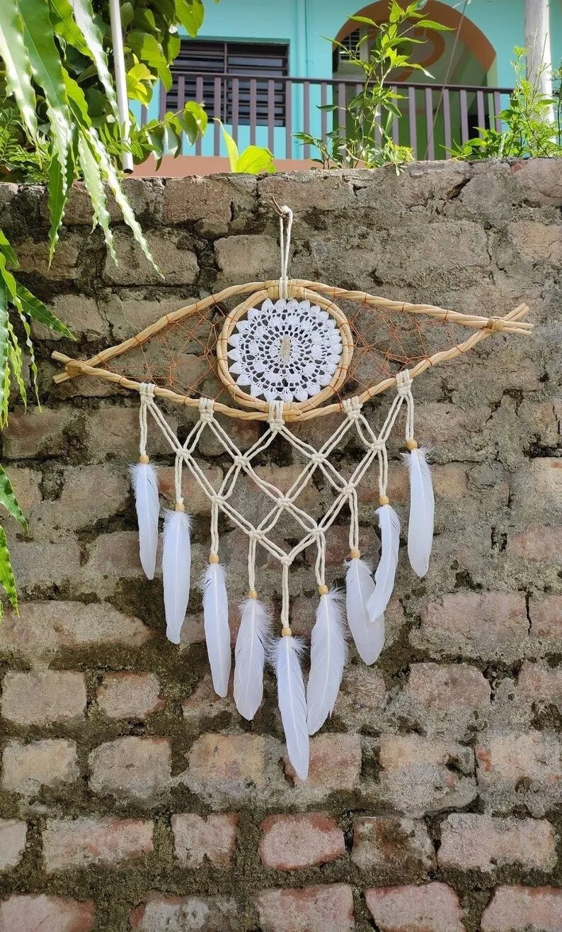 Handmade Bohemian Evil Eye Clear Quartz Crystal Macrame Dreamcatcher