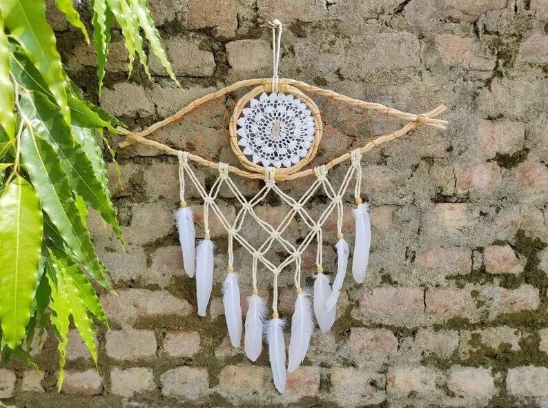 Handmade Bohemian Evil Eye Clear Quartz Crystal Macrame Dreamcatcher