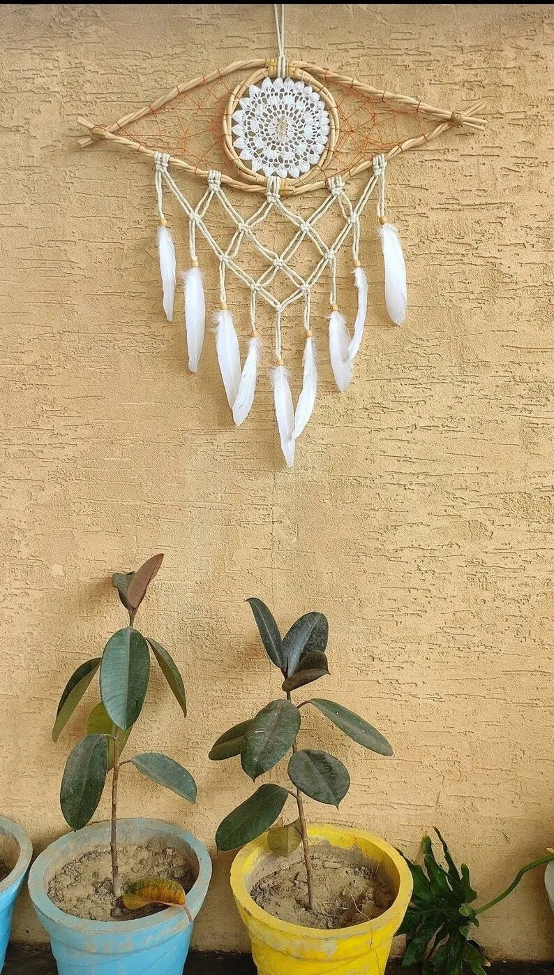 Handmade Bohemian Evil Eye Clear Quartz Crystal Macrame Dreamcatcher