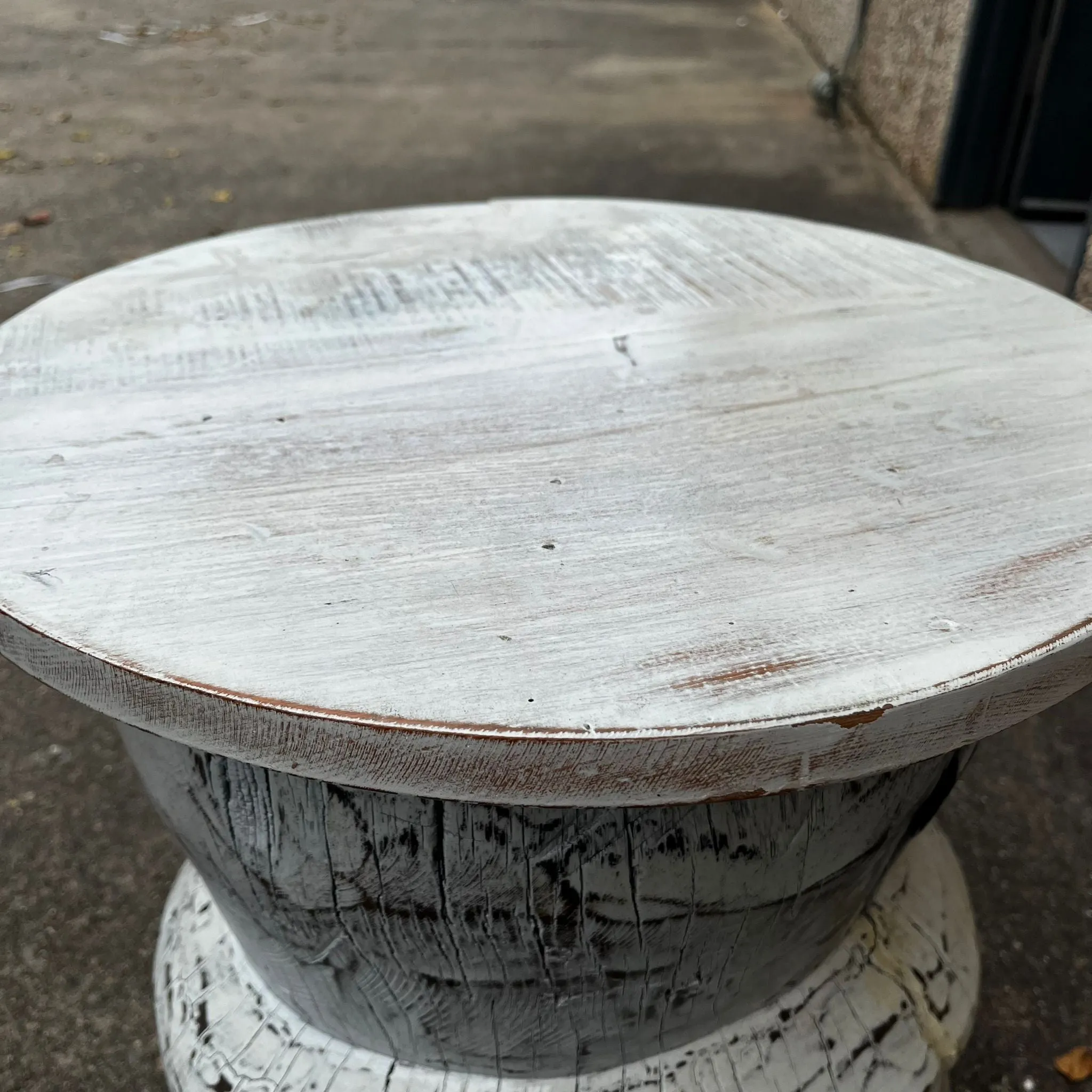 Handmade Indian Furniture Reclaimed Wooden Okhli Stool in Whitewash
