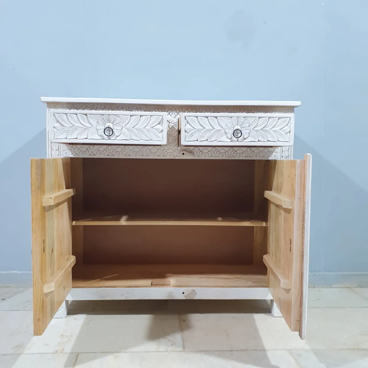Handmade Indian Furniture Solid Hard Wood Carved 2 Doors and 2 Drawers Sideboard All White 100x40x90Cm