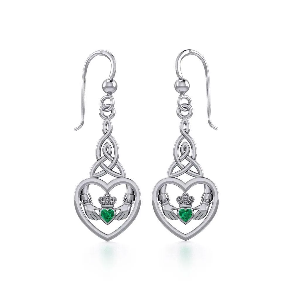 Heart Claddagh with Celtic Trinity Knot Silver Earrings with Gemstone TER1882
